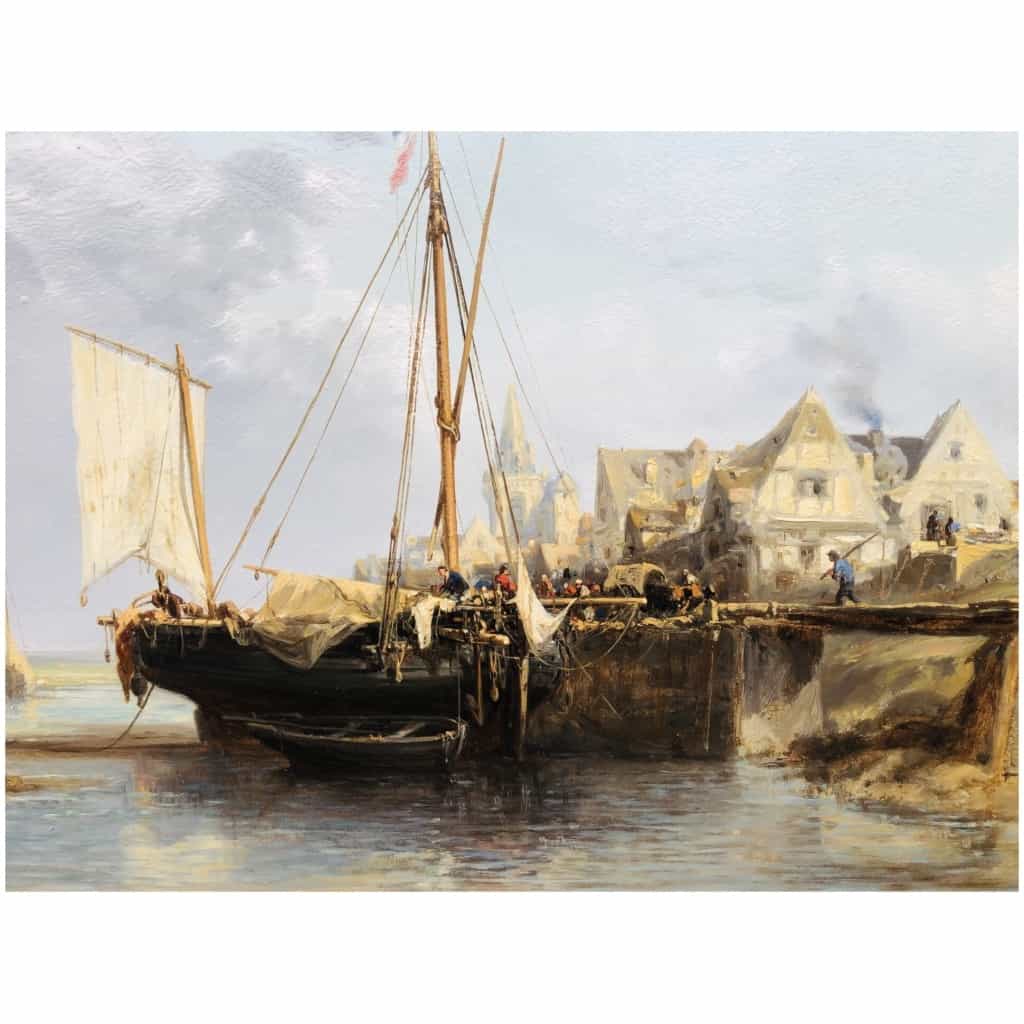 NOEL Jules Tableau Français 19è l’avant port Huile Sur carton fort Signée 8