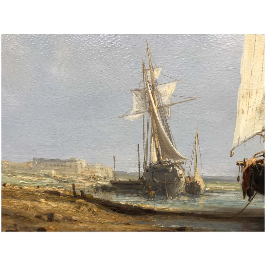 NOEL Jules Tableau Français 19è l’avant port Huile Sur carton fort Signée 6