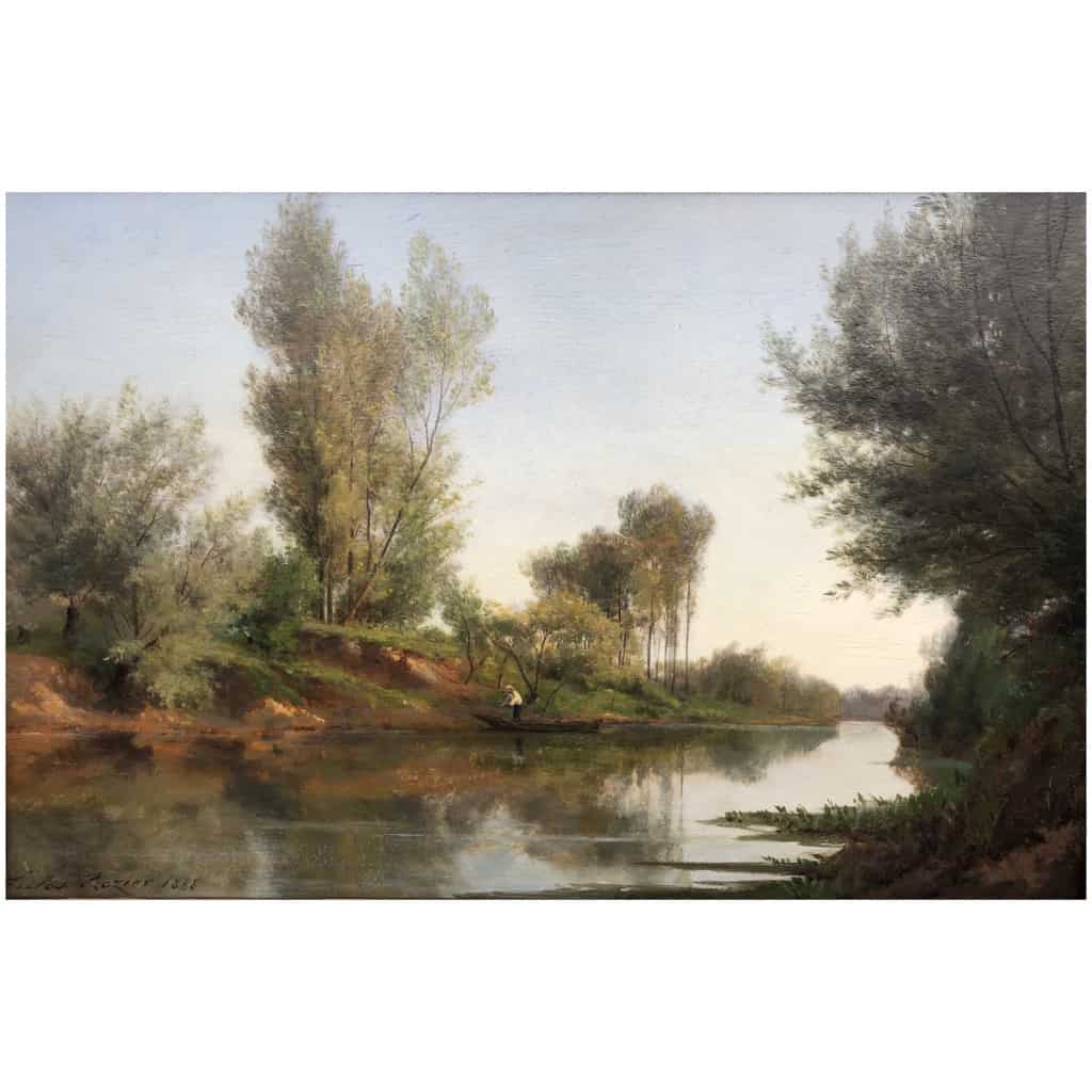 Rozier Jules Peinture Française 19è Batelier à Colombes En 1858 Huile Signée 11