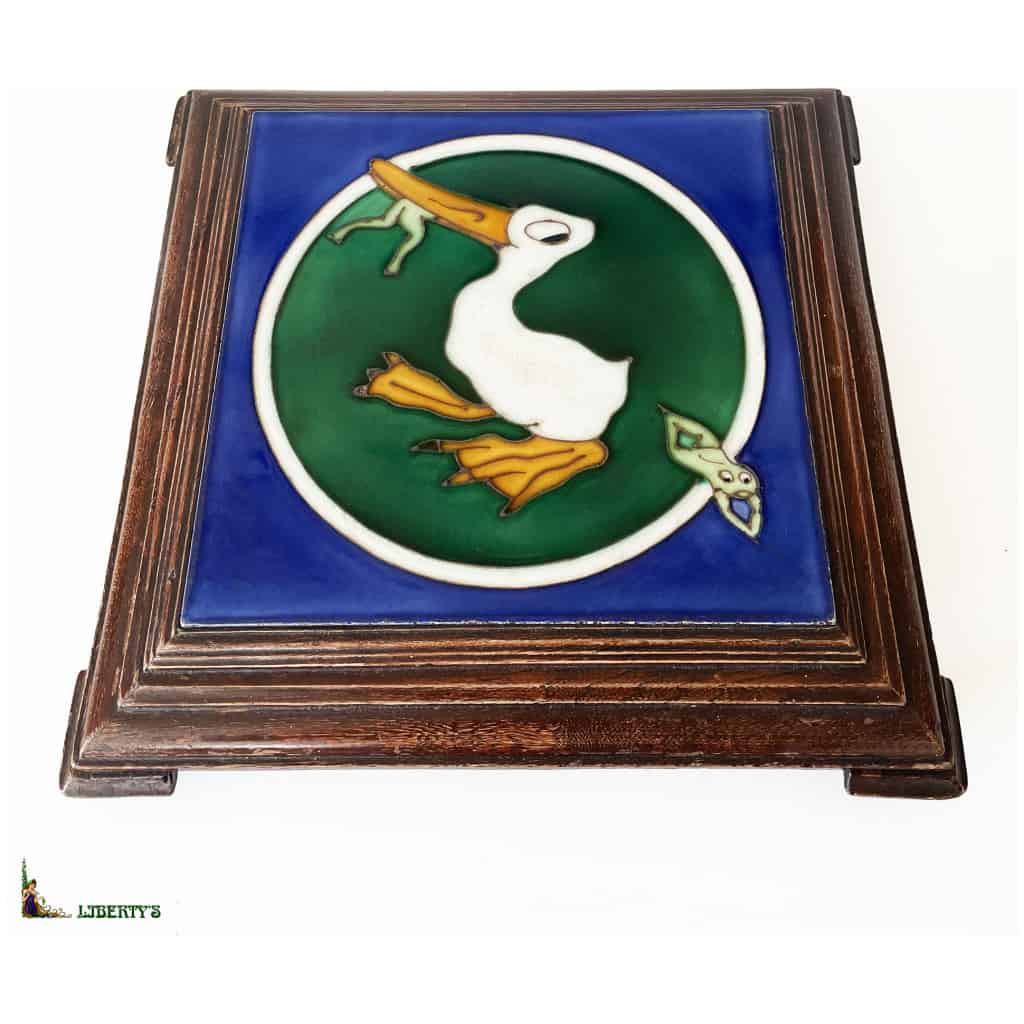 Dessous de plat email avec canard pêchant des grenouilles, 29 cm x 29 cm, (Mi. XXe) 3