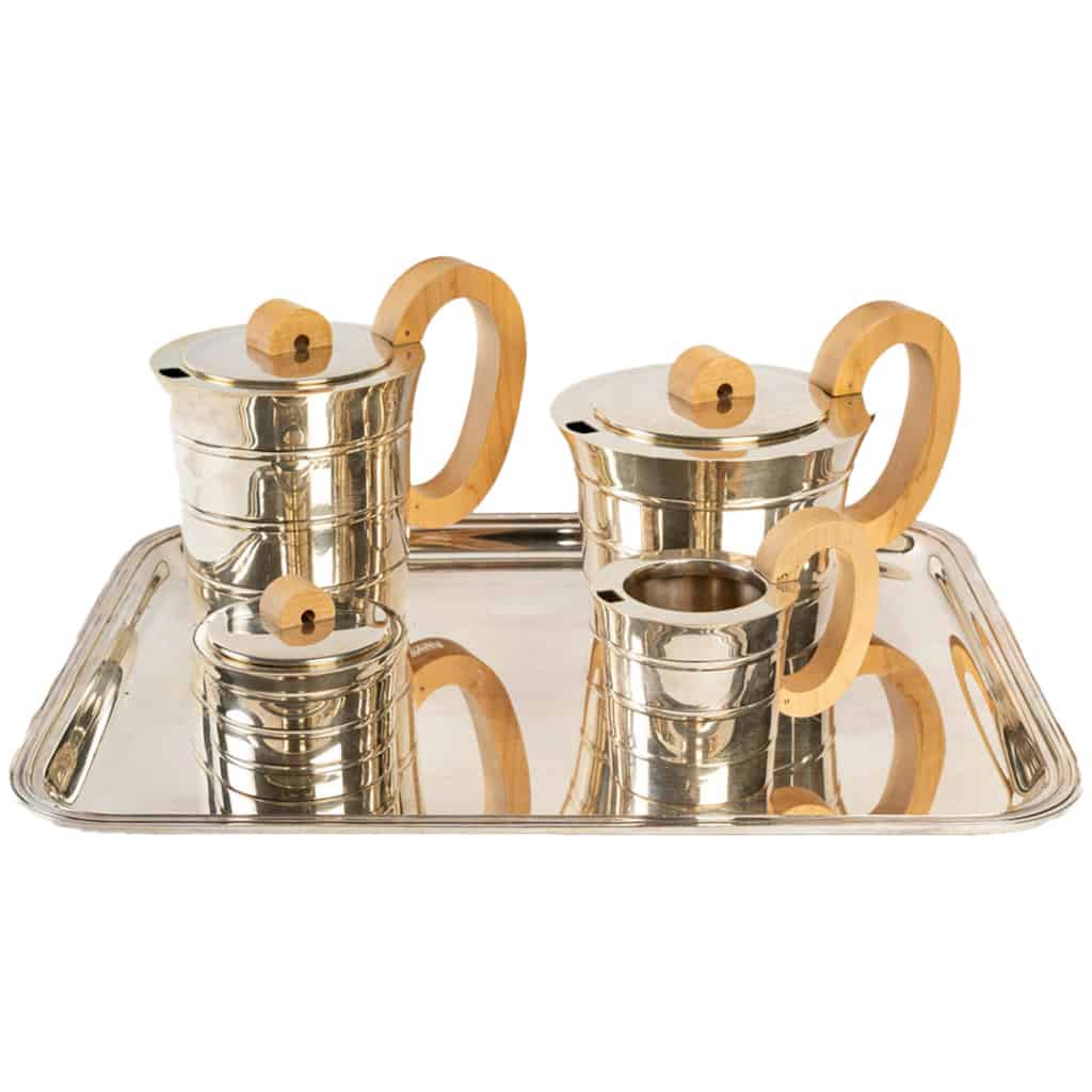 Jean Puiforcat Tea-Coffee service in solid silver and its metal tray 3