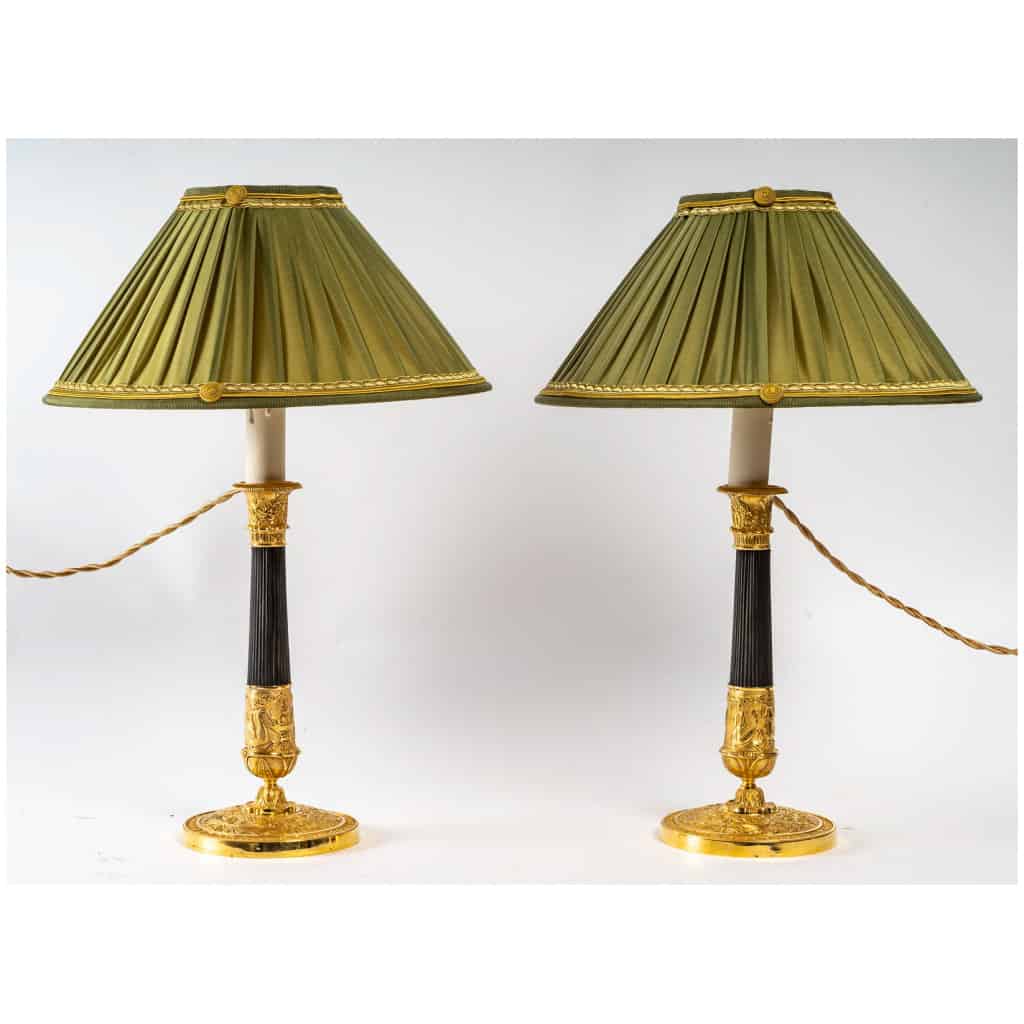 Paire de flambeaux montés en lampes en bronze doré à décor du Dieu Mercure époque Empire vers 1805-1810 3