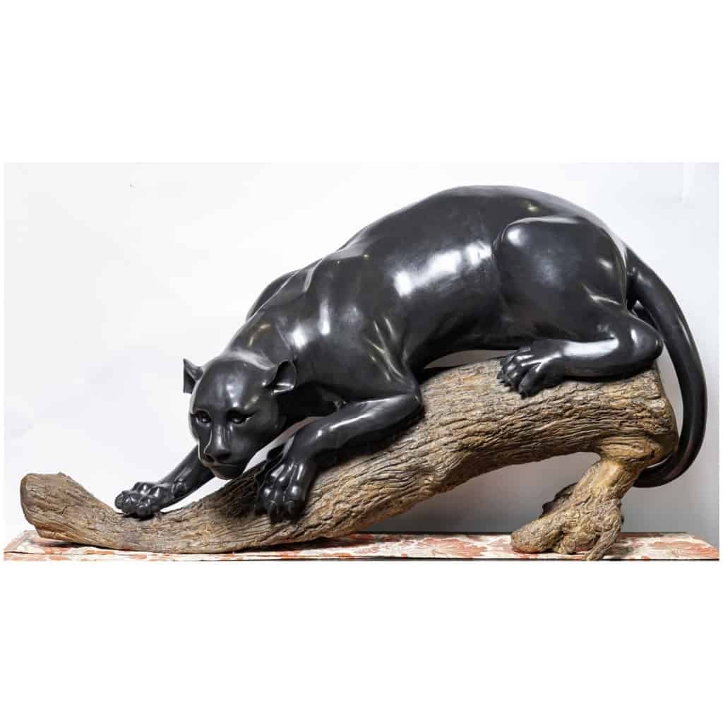 Important bronze group of a black panther on a branch 3