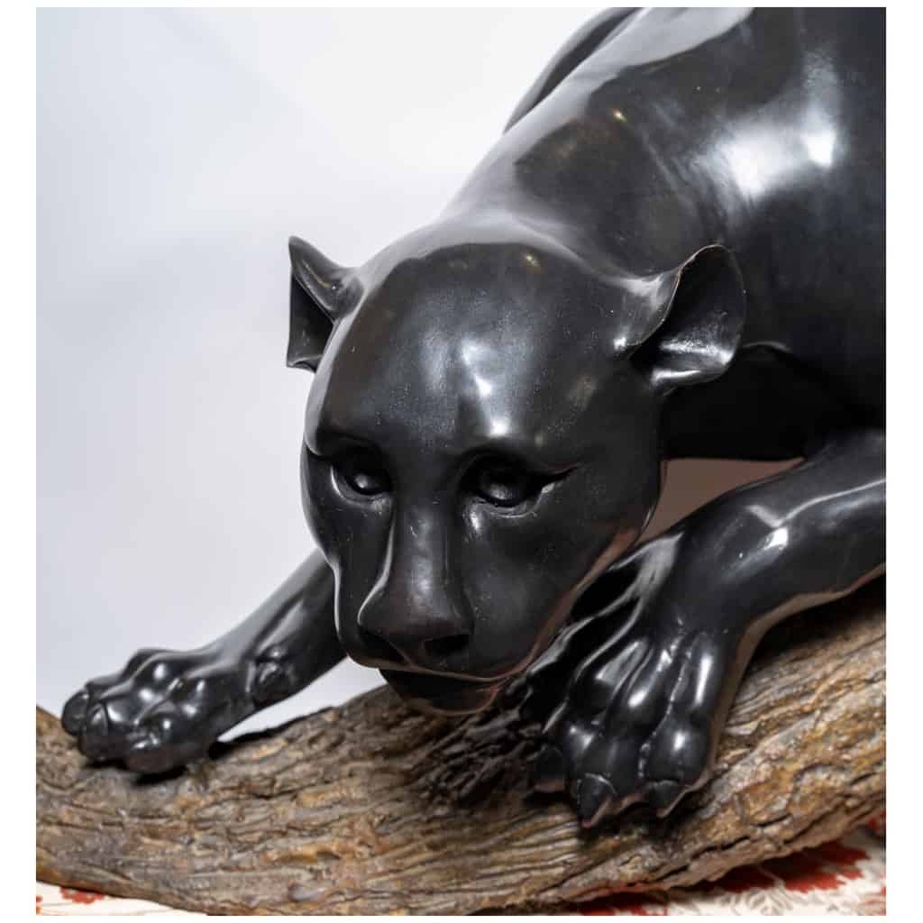 Important bronze group of a black panther on a branch 4