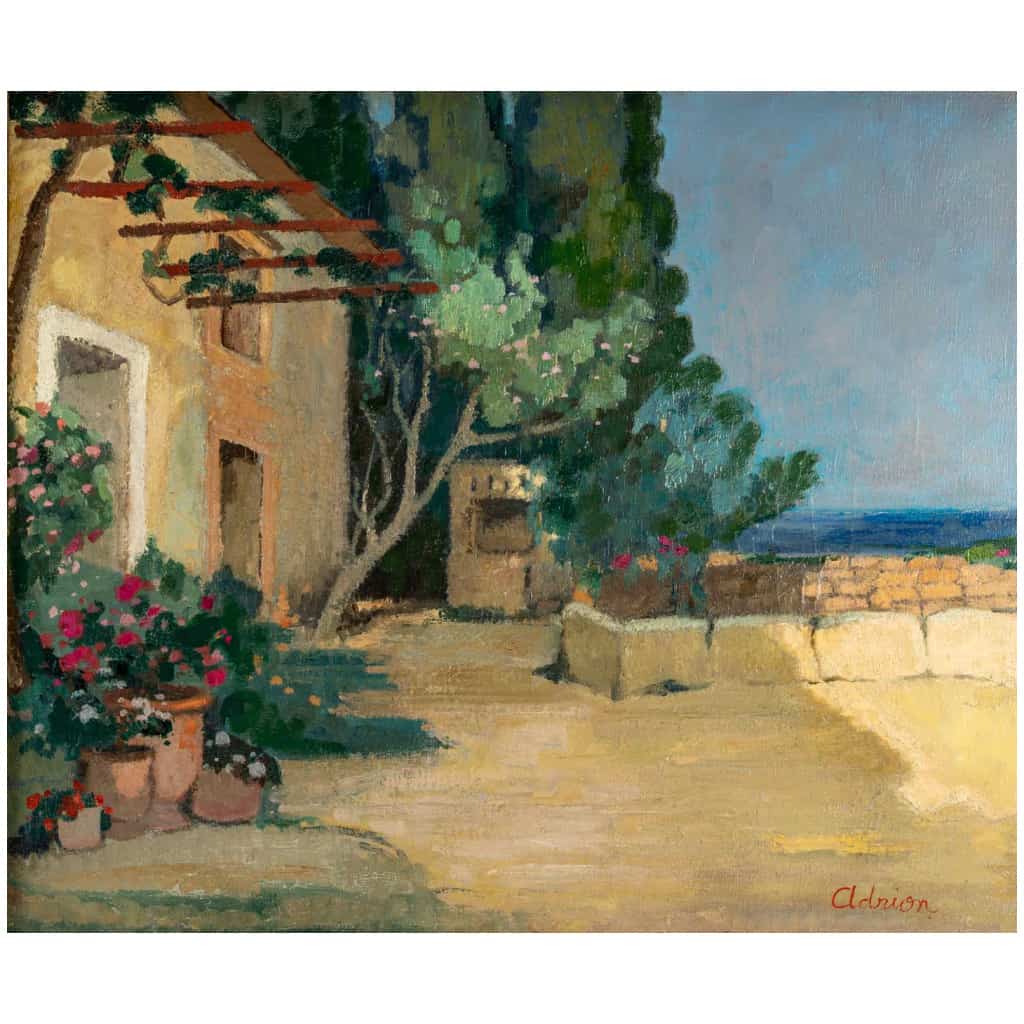 Lucien Adrion (1889-1953) – Vue d’une terrasse sur la Méditerranée huile sur toile vers 1920-1930 4