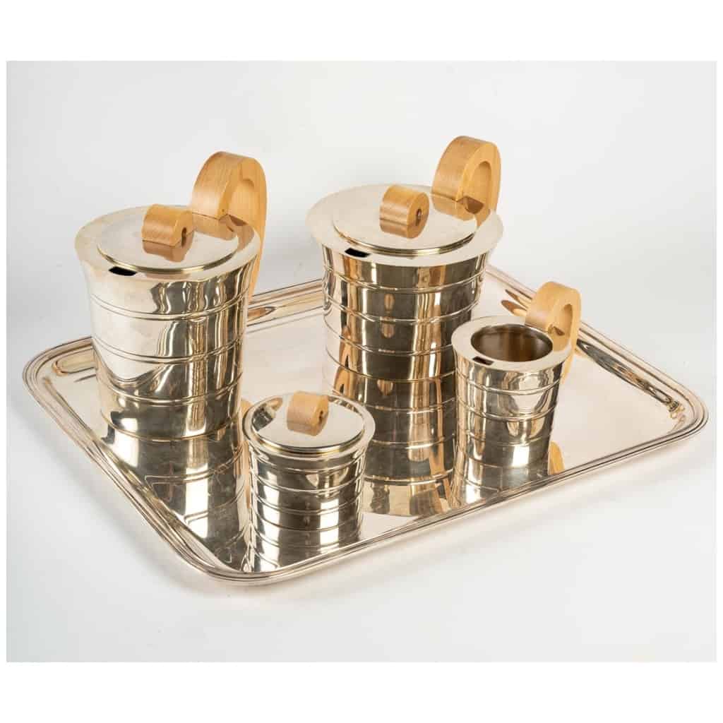 Jean Puiforcat Tea-Coffee service in solid silver and its metal tray 5