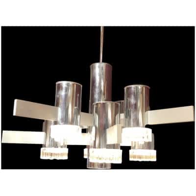 Starry suspension in brushed steel and chromed metal with 8 arms of light