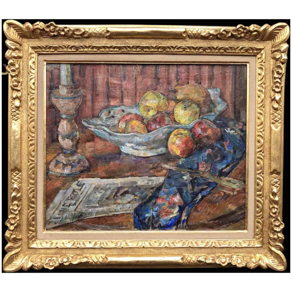 MAVRO Mania Nature morte à la coupe de fruits huile sur toile signée 10
