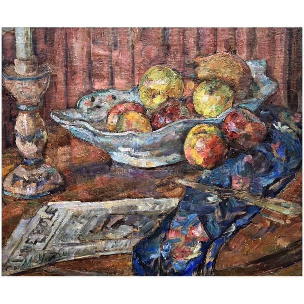MAVRO Mania Nature morte à la coupe de fruits huile sur toile signée 4