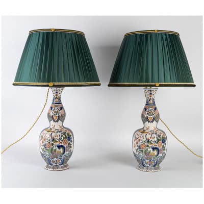 Pair of large gourds mounted in lamps signed APK in early Delft polychrome earthenware XIXth century