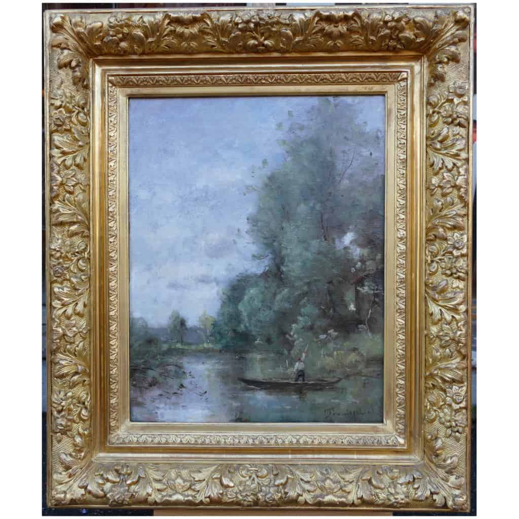 Trouillebert Paul Desire Painting 19th Barbizon School Fisherman In His Boat Oil Canvas Signed 3