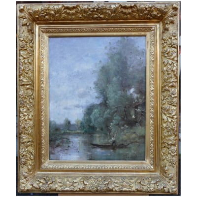 Trouillebert Paul Desire Painting 19th Barbizon School Fisherman In His Boat Oil Canvas Signed