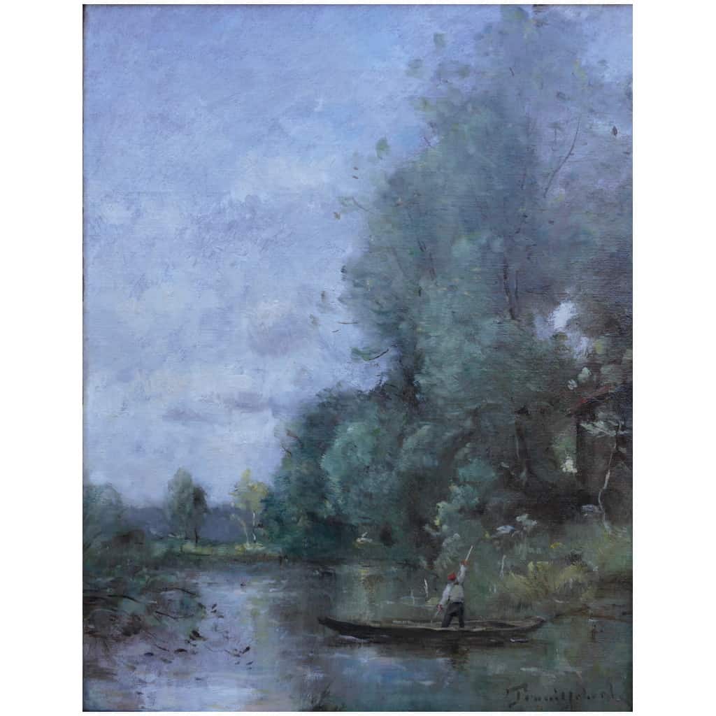 Trouillebert Paul Desire Painting 19th Barbizon School Fisherman In His Boat Oil Canvas Signed 5