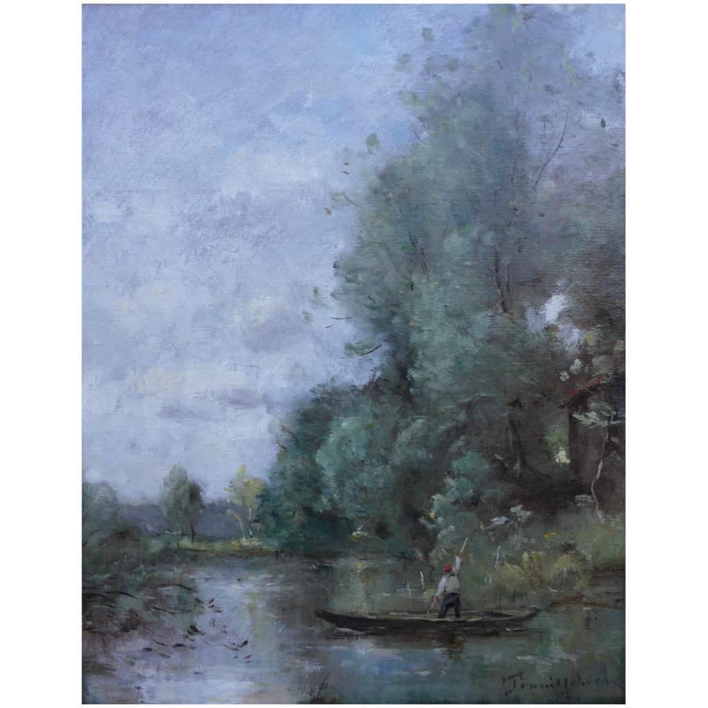 Trouillebert Paul Desire Painting 19th Barbizon School Fisherman In His Boat Oil Canvas Signed 6