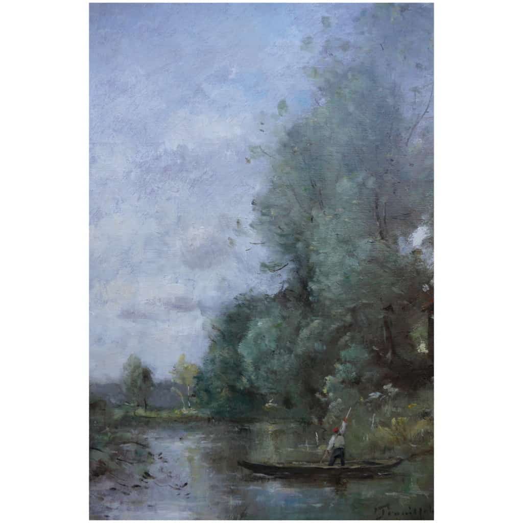 Trouillebert Paul Desire Painting 19th Barbizon School Fisherman In His Boat Oil Canvas Signed 7