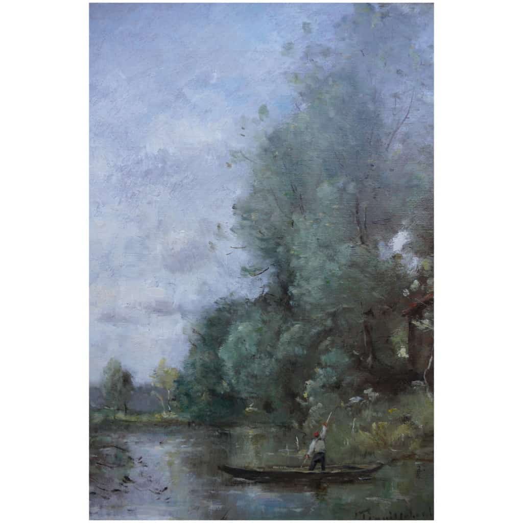 Trouillebert Paul Desire Painting 19th Barbizon School Fisherman In His Boat Oil Canvas Signed 8