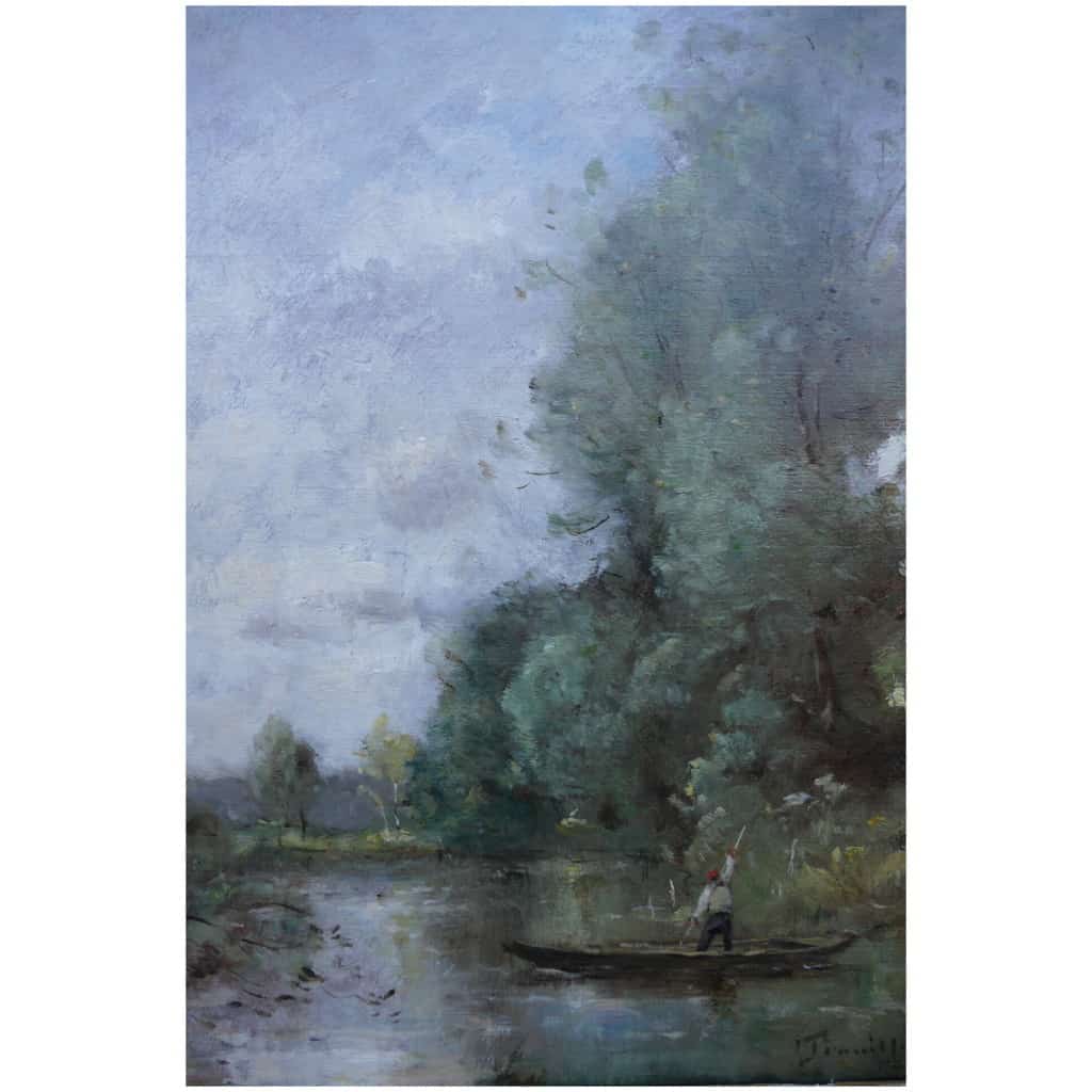 Trouillebert Paul Desire Painting 19th Barbizon School Fisherman In His Boat Oil Canvas Signed 9