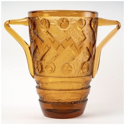 1930 Daum Nancy – Geometric Art Deco Vase with Handles Orange Amber Glass Cleared with Acid