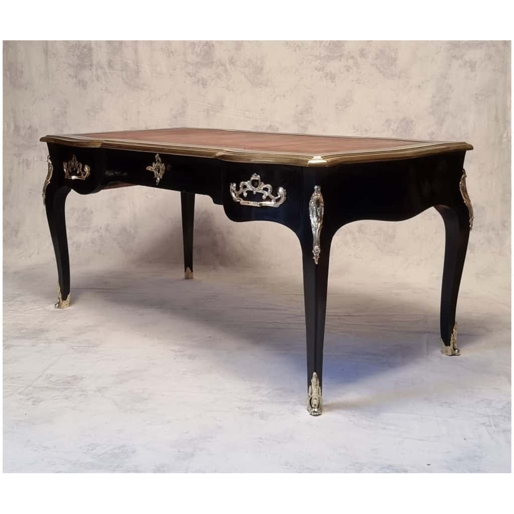 Louis XV Style Flat Desk – Blackened Wood, Leather & Bronze – 19th 5