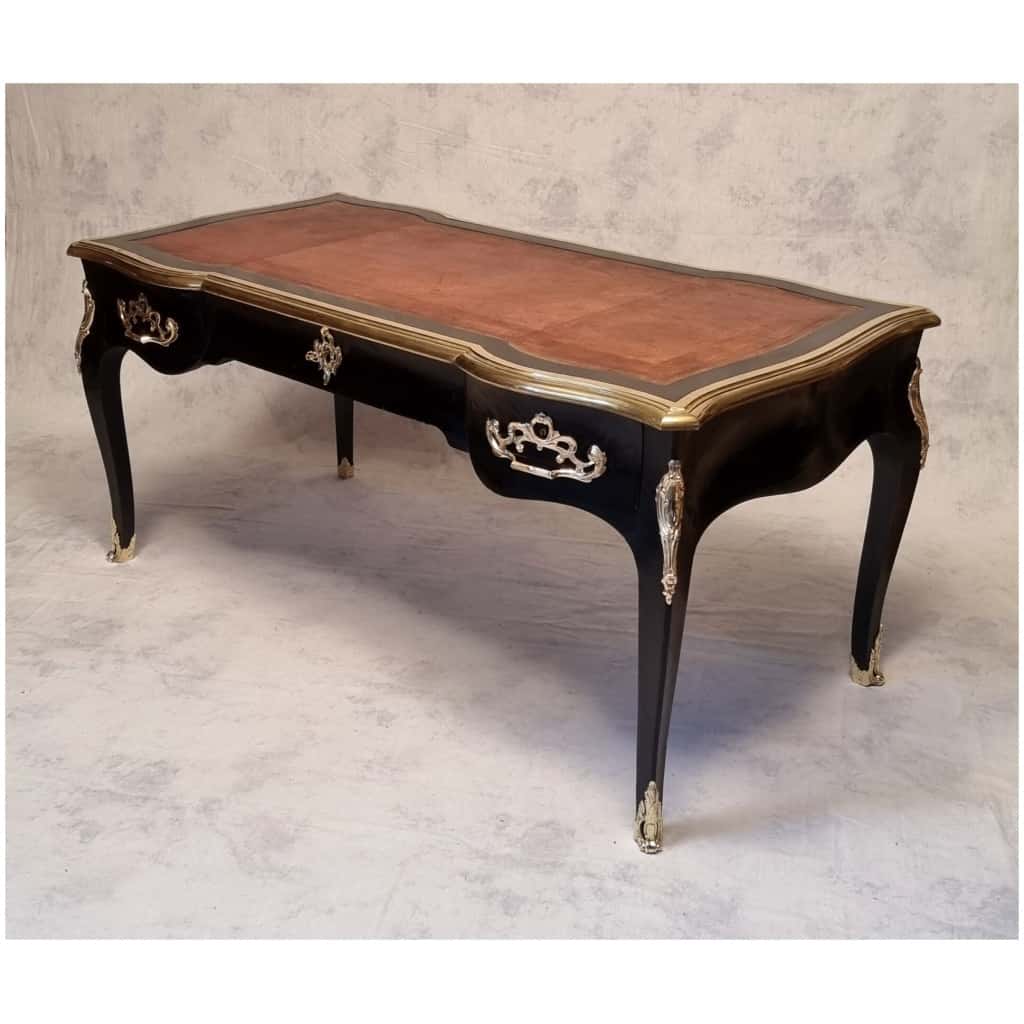 Louis XV Style Flat Desk – Blackened Wood, Leather & Bronze – 19th 6