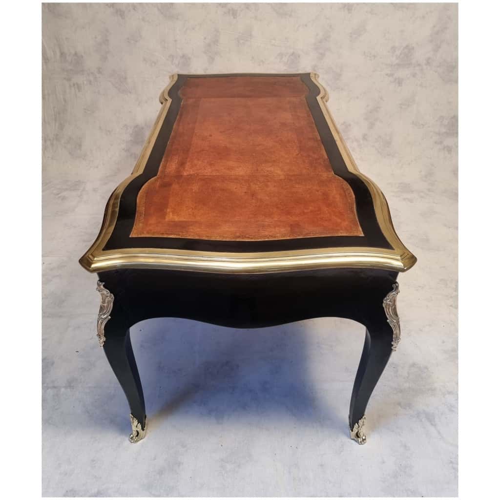 Louis XV Style Flat Desk – Blackened Wood, Leather & Bronze – 19th 9