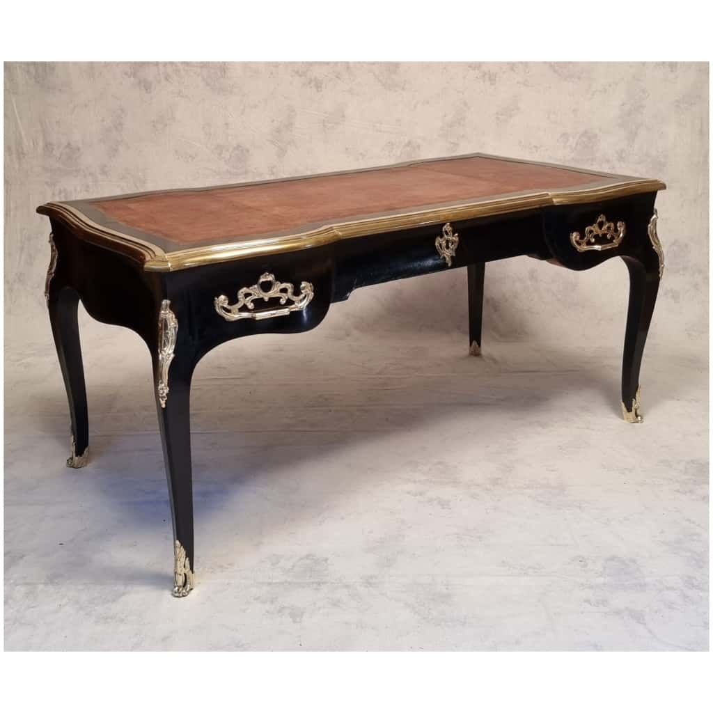 Louis XV Style Flat Desk – Blackened Wood, Leather & Bronze – 19th 7