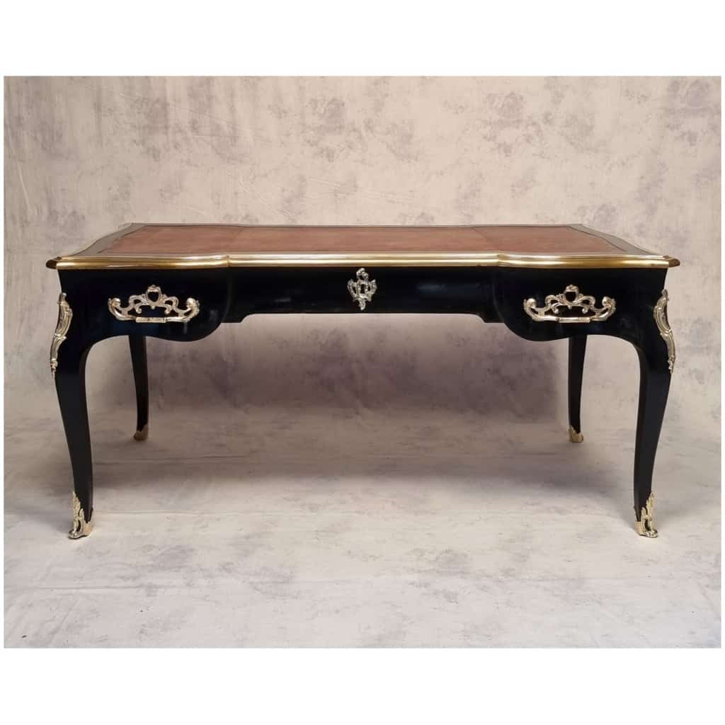 Louis XV Style Flat Desk – Blackened Wood, Leather & Bronze – 19th 3