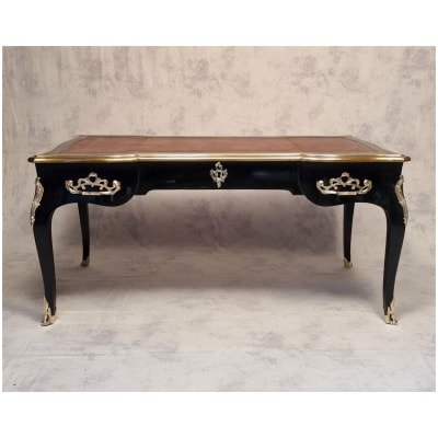 Louis XV Style Flat Desk - Blackened Wood, Leather & Bronze - 19th