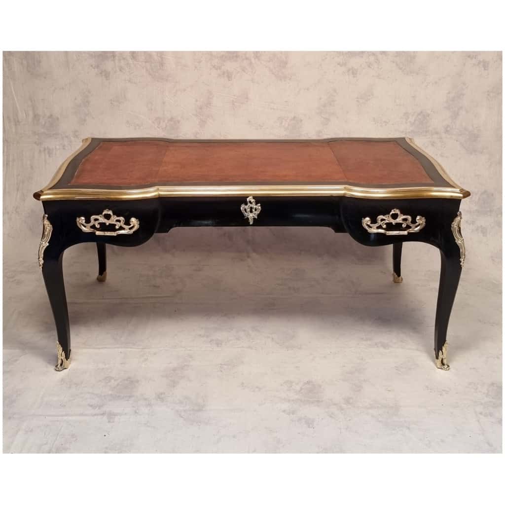 Louis XV Style Flat Desk – Blackened Wood, Leather & Bronze – 19th 4