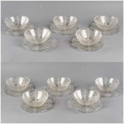 1924 René Lalique – Suite De 10 Coupes Bols Et 10 Assiettes Pissenlit Verre Blanc – 20 Pièces