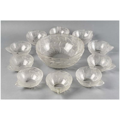 1931 René Lalique – Service Ormeaux Verre Blanc – 1 Bol Saladier + 10 Tasses Coupes