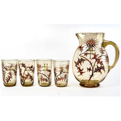 Emile Gallé – Service à Orangeade Chardons Verre Jaune Emaillé 5 Pièces