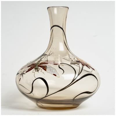 Emile Gallé – Vase Cristallerie Verre Fumé Emaillé Libellule Et Fleurs