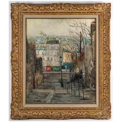 Serge Belloni « Le peintre de Paris » – Vue de Montmartre en hiver huile sur toile vers 1956