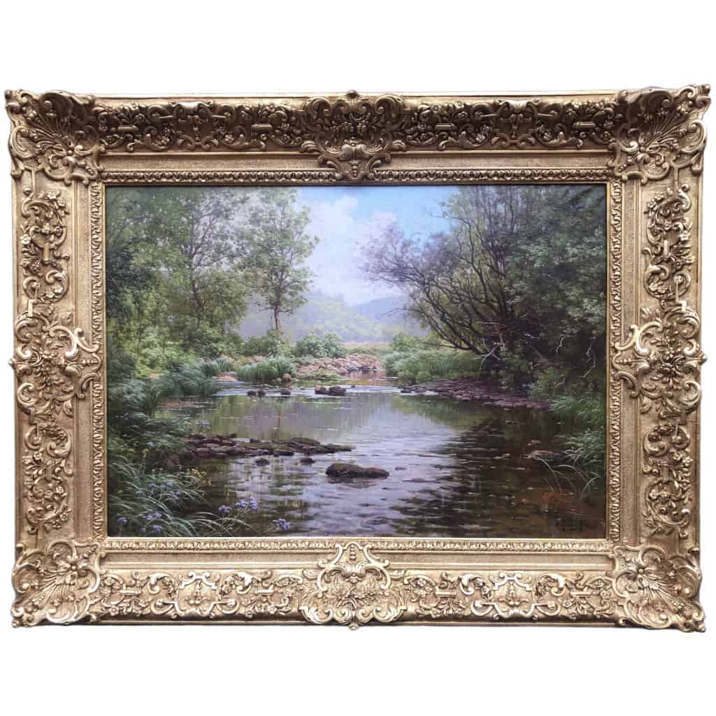 His René French Painting Early 3th Century River In The Undergrowth Oil On Canvas Signed XNUMX