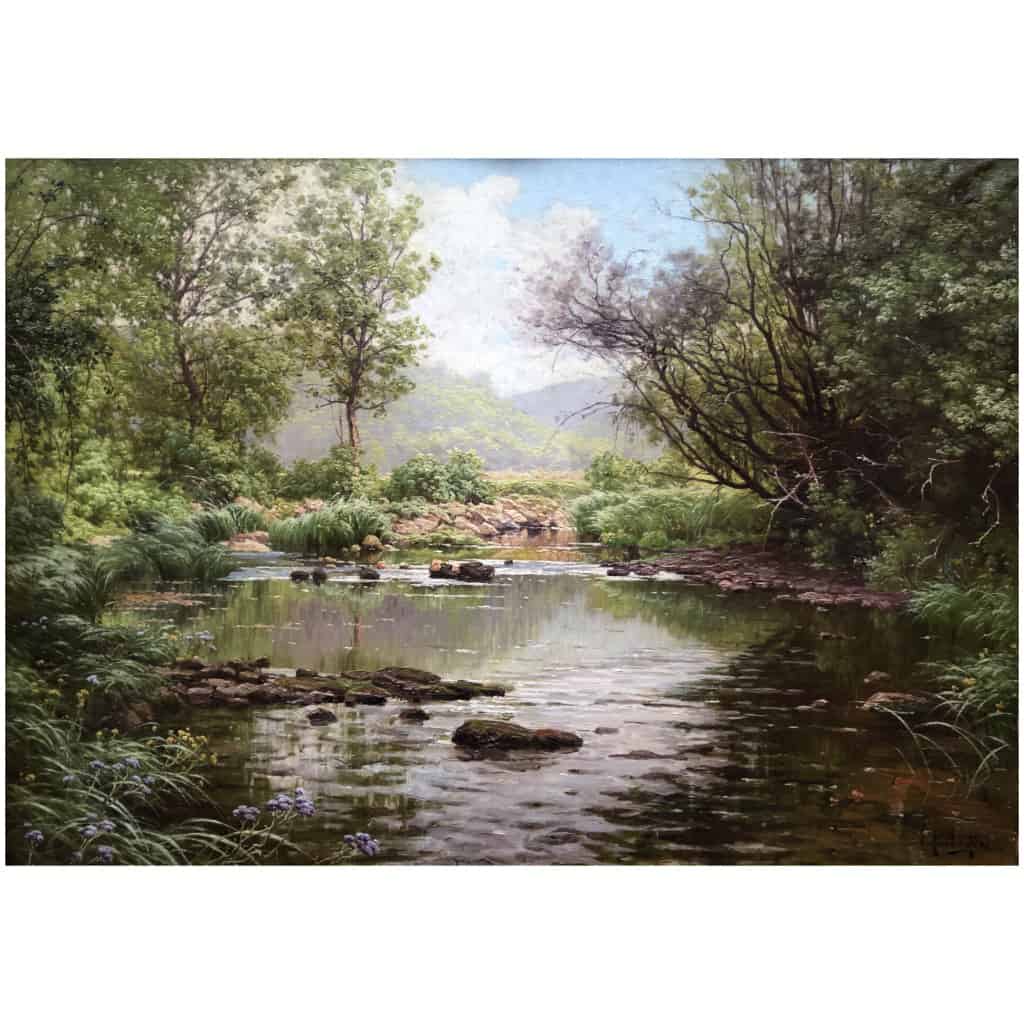 His René Peinture Française Début XXème Siècle Rivière En Sous Bois Huile Sur Toile Signée 12