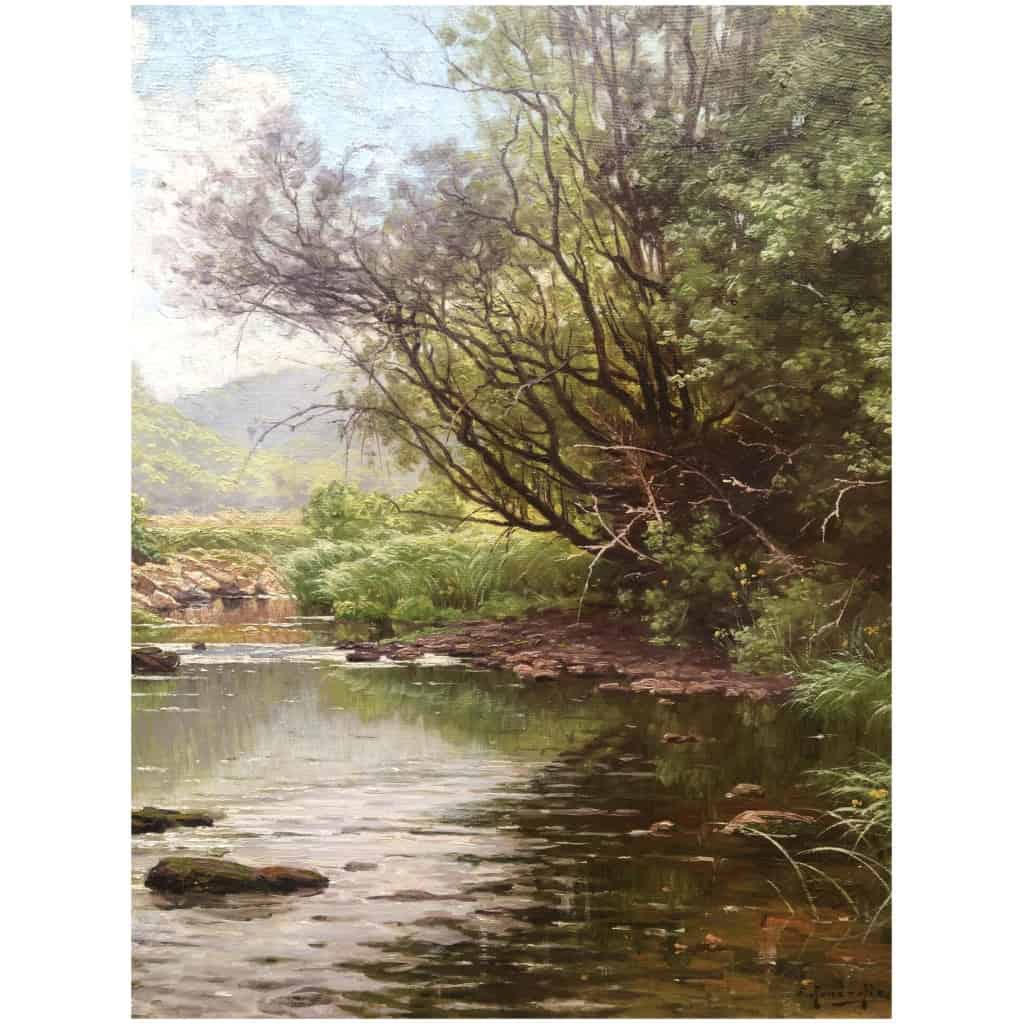 His René Peinture Française Début XXème Siècle Rivière En Sous Bois Huile Sur Toile Signée 9