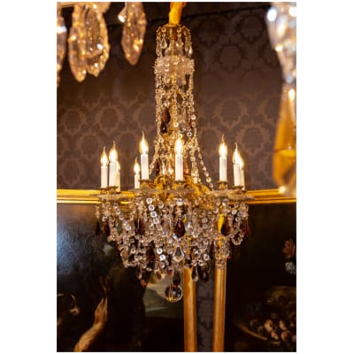 Lustre en bronze doré à décor de cristal taillé blanc et améthyste époque Napoléon III vers 1860
