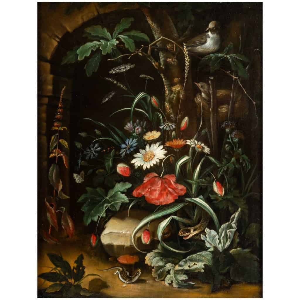 Nature Morte aux fleurs et animaux. XIX ème Siècle. Dans Le Goût De Van Schrieck. 8