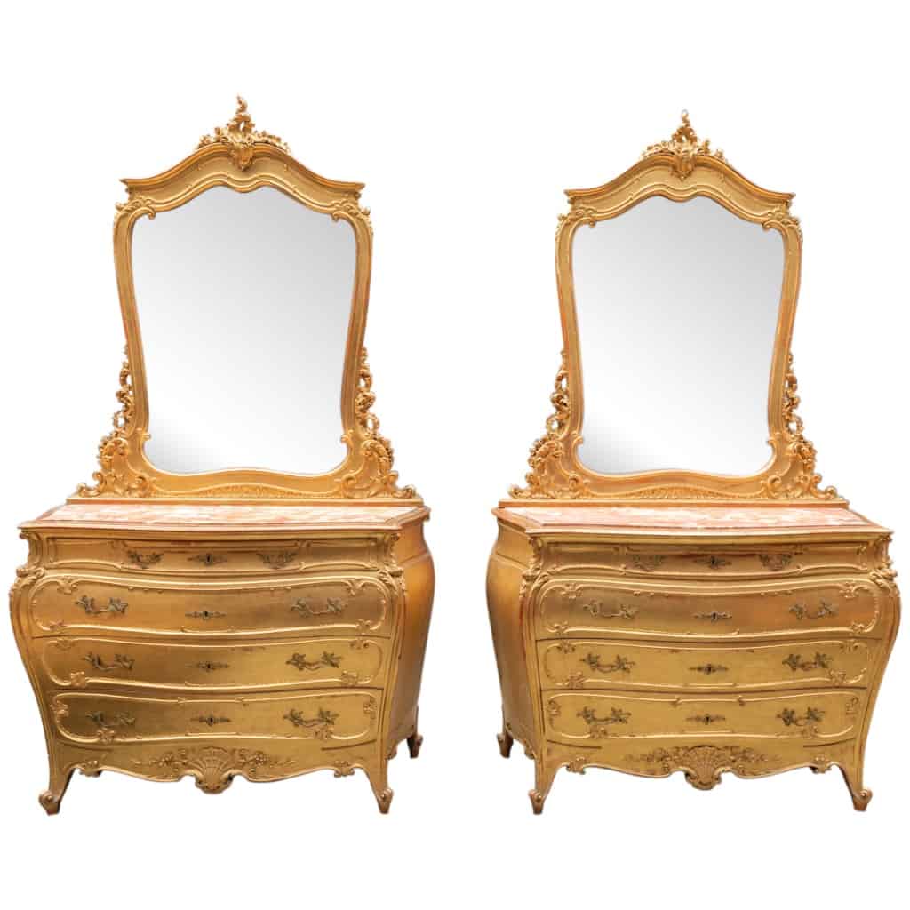 Paire de commodes avec miroirs en bois doré et dessus en marbre, XIXe 3