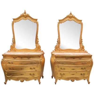 Pair of chests of drawers with gilded wood mirrors and marble top, XIXe