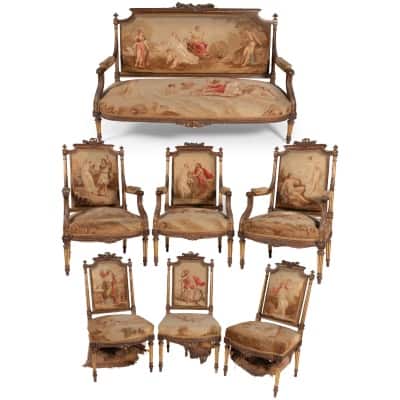 Louis-style living room furniture XVI in natural wood and Aubusson tapestry, XIXe