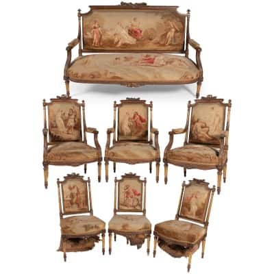 Mobilier de salon style Louis XVI en bois naturel et tapisserie d’Aubusson, XIXe