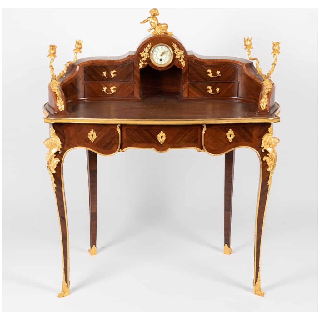 Lady's desk at the clock in precious wood marquetry and gilded bronze, XIXe 3