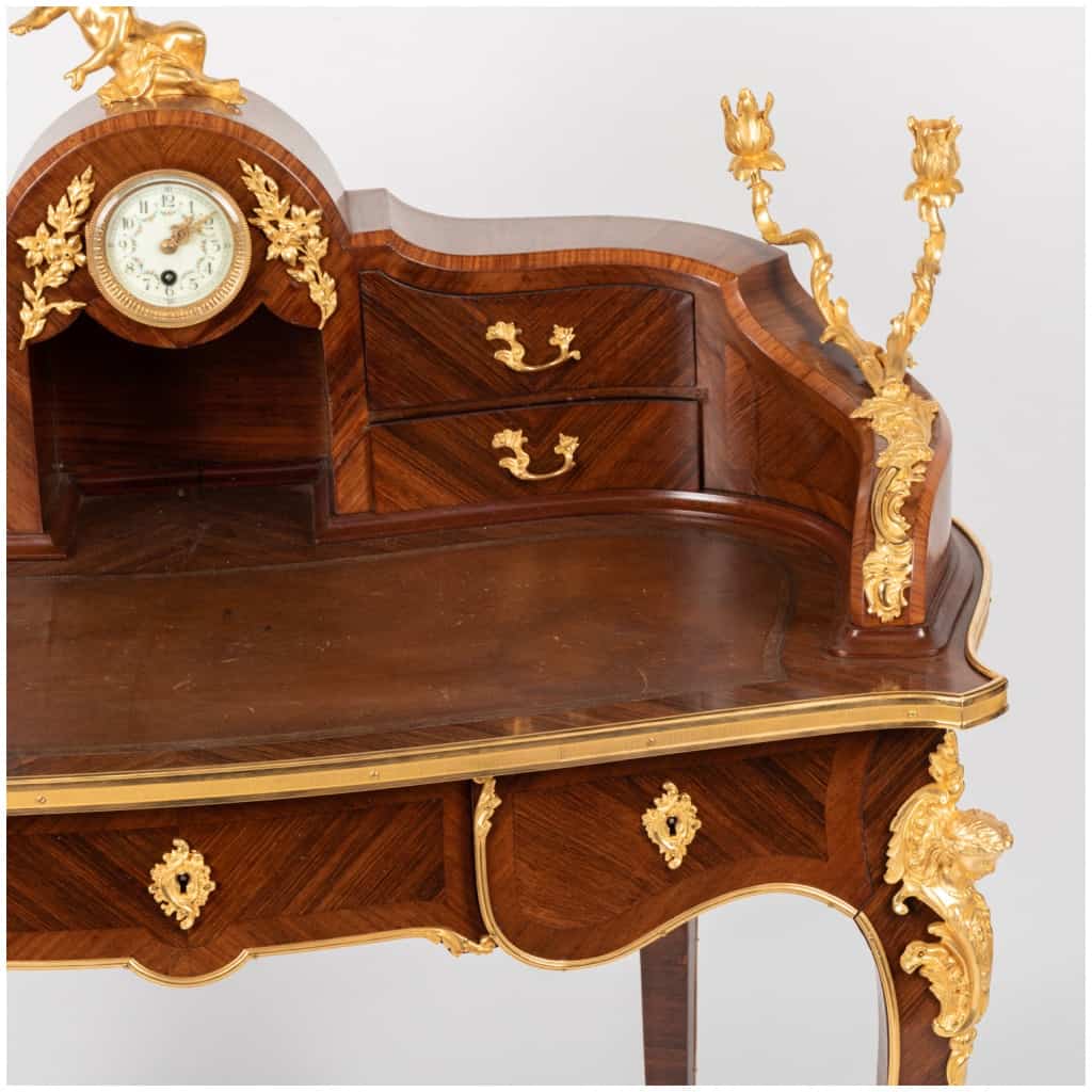 Lady's desk at the clock in precious wood marquetry and gilded bronze, XIXe 13