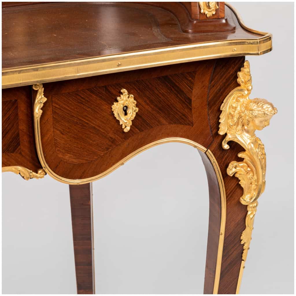 Lady's desk at the clock in precious wood marquetry and gilded bronze, XIXe 15