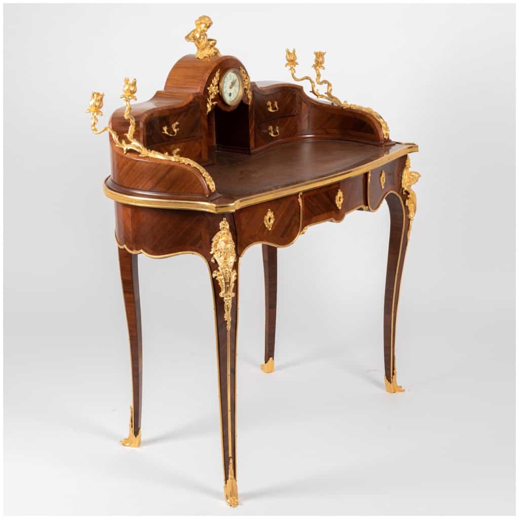 Lady's desk at the clock in precious wood marquetry and gilded bronze, XIXe 4
