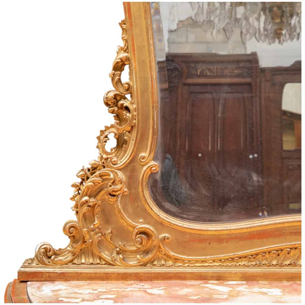 Paire de commodes avec miroirs en bois doré et dessus en marbre, XIXe 4