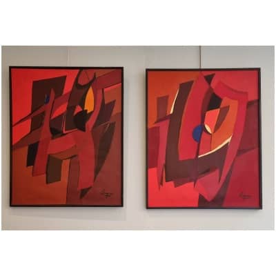 Pair of Abstract Canvases – Guy Leclerc Gayrau – New School of Paris – Ca 1960