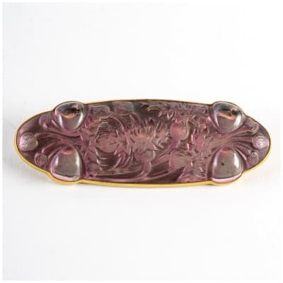 1913 René Lalique – Broche Quatre Cabochons Bluets Verre Blanc Patiné Gris Sur Clinquant Rose